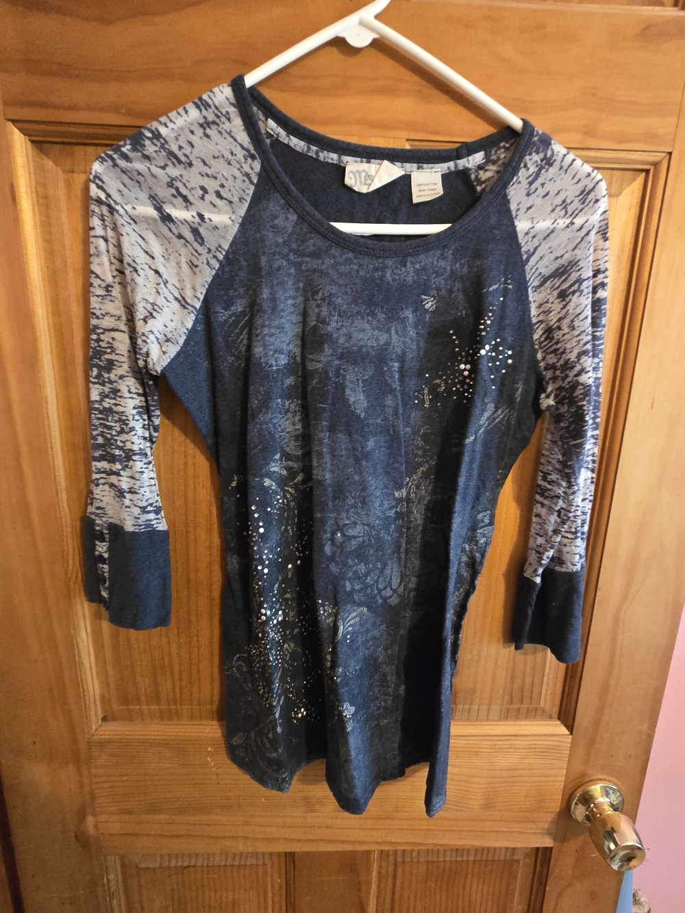 Miss Me Navy Blue Patterned 3/4 Sleeve Tee with Sparkle Accents